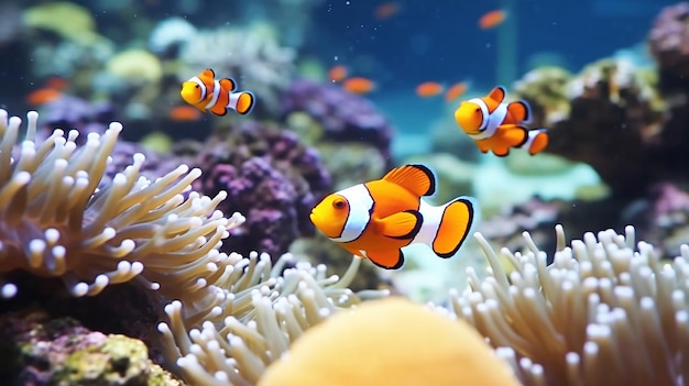 Тропические морские кораллы и рыба-клоун Amphiprion percula в морском аквариуме Generative AI