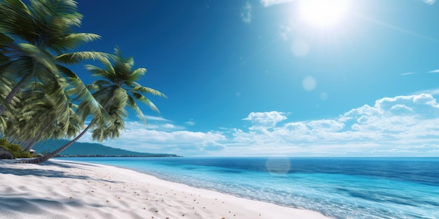 Tropical sea and sandy beach with blue background Generative AI