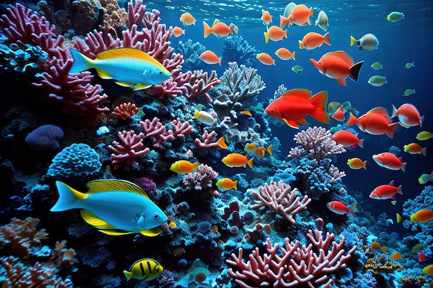 Tropical sea underwater fishes on coral reef generative ai