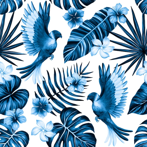 Tropical seamless pattern Colorful vivid print with beautiful palm jungle leaves flowers and lorikeet parrots Repeated luxury design for packaging cosmetic fashion textile wallpaper