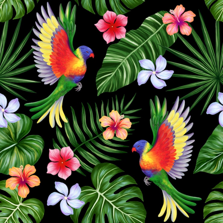 Photo tropical seamless pattern colorful vivid print with beautiful palm jungle leaves flowers and lorikeet parrots repeated luxury design for packaging cosmetic fashion textile wallpaper