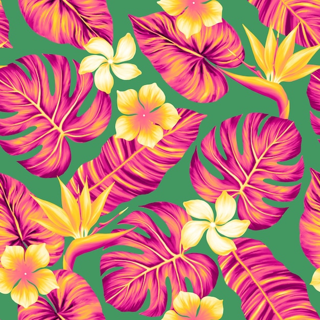 Foto modello senza cuciture tropicale stampa vivida colorata con bellissime foglie e fiori della giungla di palme design di lusso ripetuto per il confezionamento di carta da parati tessile di moda cosmetica illustrazione realistica di alta qualità