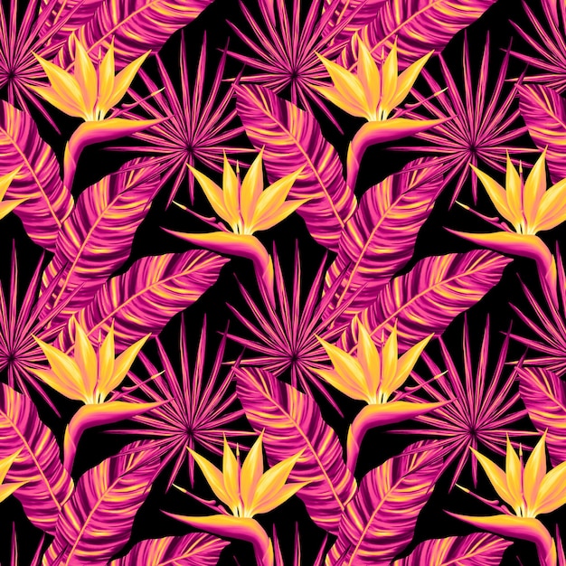 Foto motivo tropicale senza cuciture stampa vivida e colorata con bellissime foglie di palma e fiori di strelitzia design di lusso ripetuto per il confezionamento di carta da parati tessile di moda cosmetica