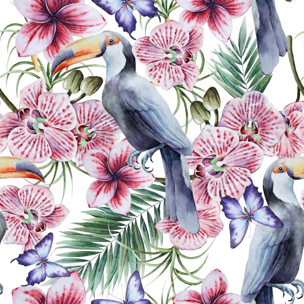 Tropical seamless pattern with birds leaves and flowers. Tucan.   Orchid.  Watercolor illustration. Hand drawn.