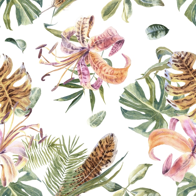 Tropical seamless pattern with exotic flowers and palm leaves