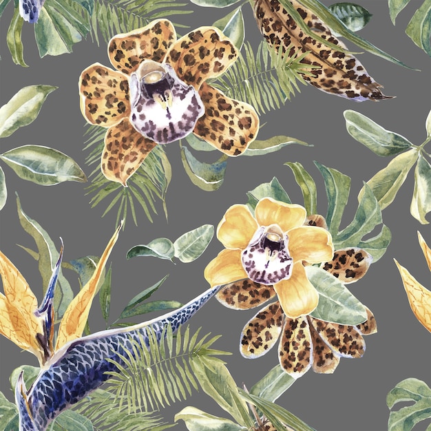 Tropical Seamless Pattern with Exotic Flowers and Palm Leaves