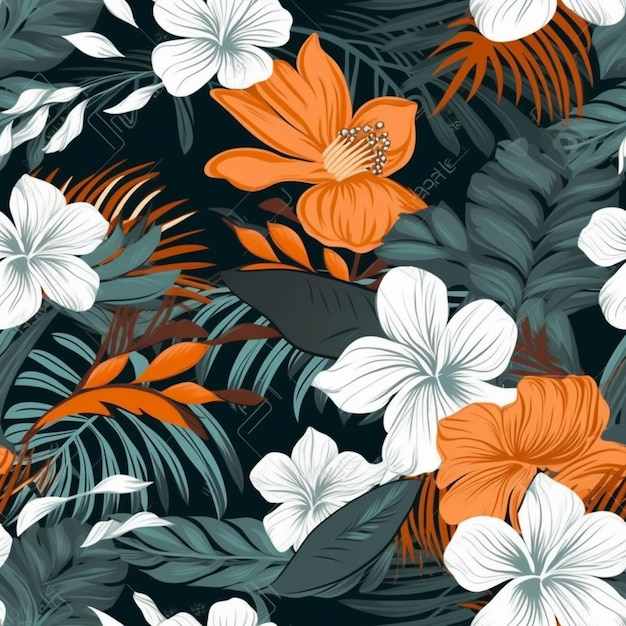 Tropical seamless pattern with orange and white flowers generative ai