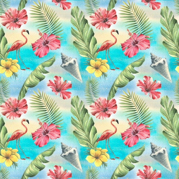 Modello senza cuciture tropicale con foglie di palma fenicotteri rosa fiori di ibisco rosso e conchiglie su sfondo blu illustrazione dell'acquerello disegnata a mano per l'imballaggio di carta da parati in tessuto tessile