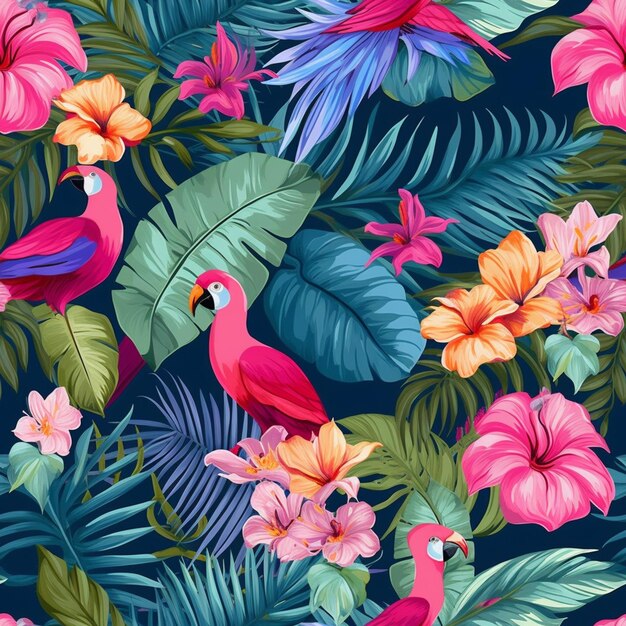 Photo tropical seamless pattern with parrots and flowers generative ai