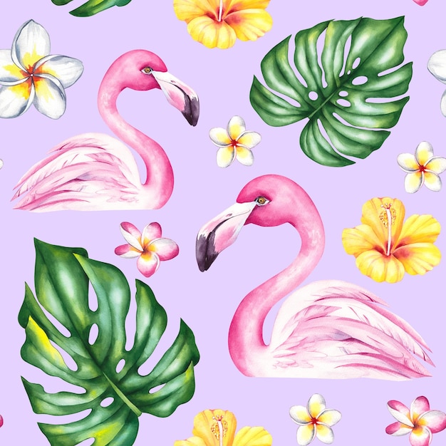 tropical seamless pattern with watercolor hibiscus flowers flamingos and coconuts