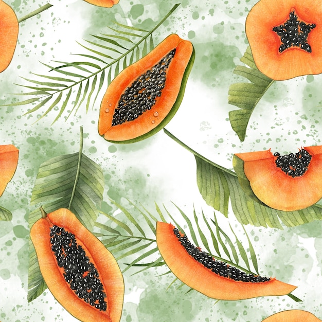 水彩のパパイヤと緑のヤシの葉を持つ熱帯のシームレスなパターンは、パウポーの木のエキゾチックなオレンジ色の果実と背景に包装紙またはテキスタイル デザインの手描きイラストを残します