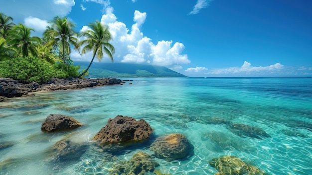Tropical seascape with clear water in the sea palm trees on the shore on a sunny day perfect place for relaxation