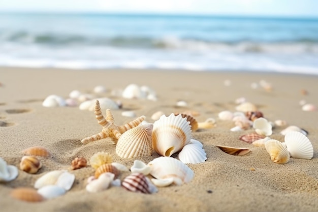 Tropical seashells scattered on sandy beach