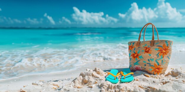 Tropical Seaside Fashion StarfishAdorned Bag and Matching FlipFlops on Sandy Beach Copy Space