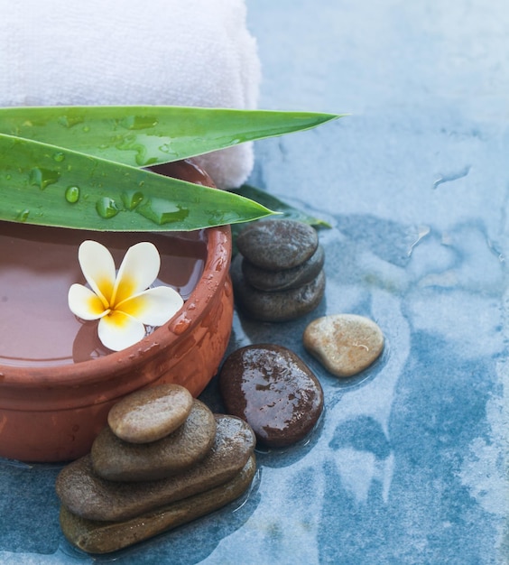 Tropical spa flower with green long leaves and stones for massage treatment on blue table background