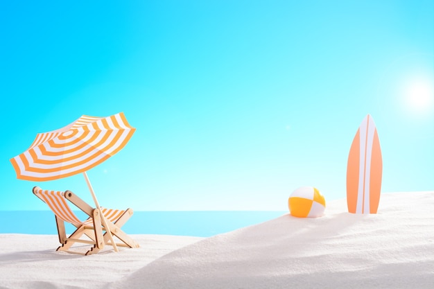 Tropical still life. Dawn on the sandy coast. Sun lounger, ball and surfboard on the beach