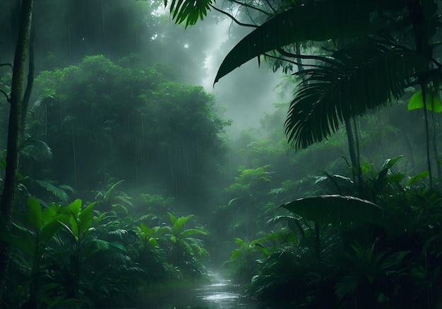 A tropical storm in a lush jungle