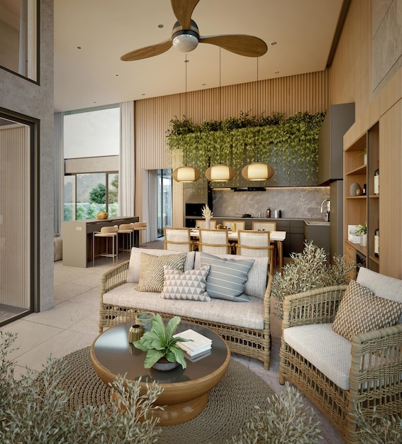 Tropical style living and dining room with plant and wood