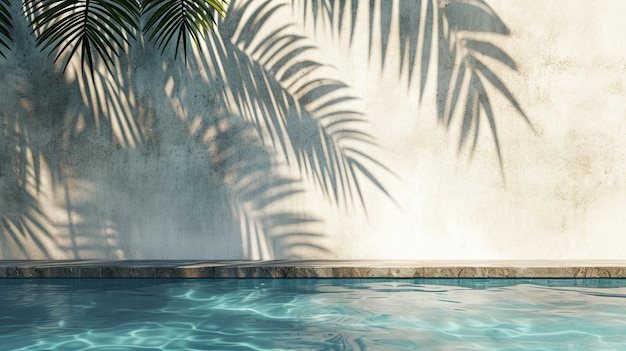 Tropical summer background with concrete wall pool water and palm leaf shadow Generative Ai