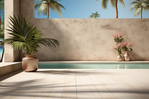 Tropical summer background with concrete wall pool water and palm leaf shadow