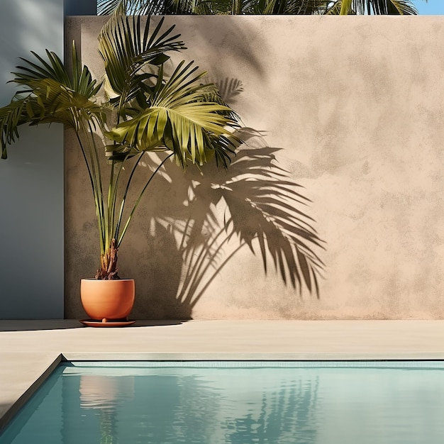 Tropical summer background with concrete wall pool water and palm leaf shadow