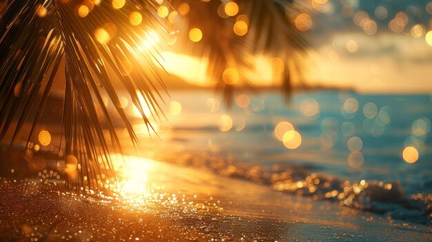 Foto spiaggia estiva tropicale e paesaggio di foglie di palma con soft focus generative ai