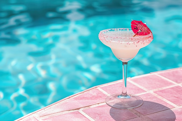 Tropical summer cocktail outdoors by pool umbrella drink