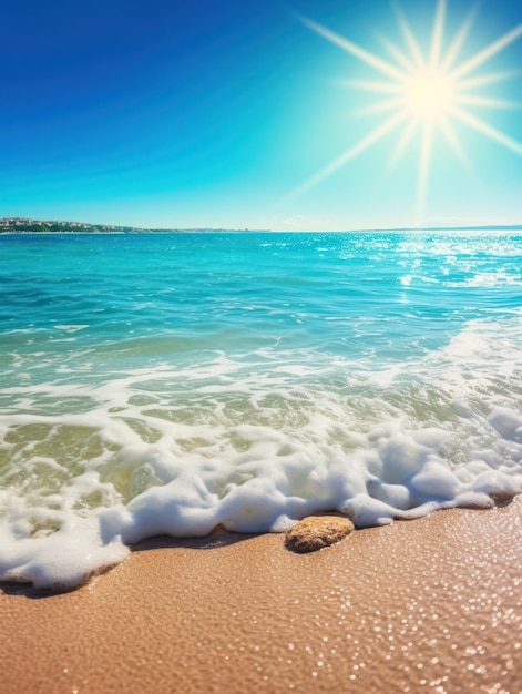 Foto estate tropicale spiaggia di sabbia e luce del sole bokeh sullo sfondo del mare ia generativa