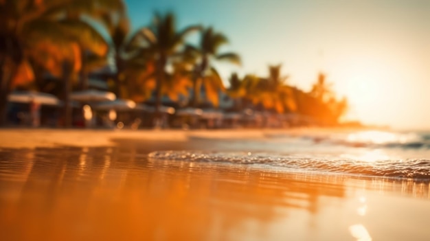 Tropical summer sand beach and bokeh sun light on sea background Generative AI