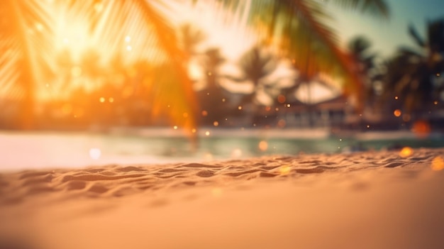 Tropical summer sand beach and bokeh sun light on sea background Generative AI