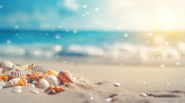 Tropical summer sand beach and bokeh sun light on sea background Generative AI