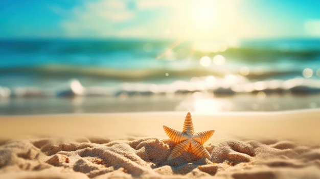 Tropical summer sand beach and bokeh sun light on sea background Generative AI