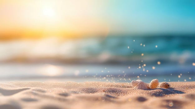 Tropical summer sand beach and bokeh sun light on sea background Generative AI