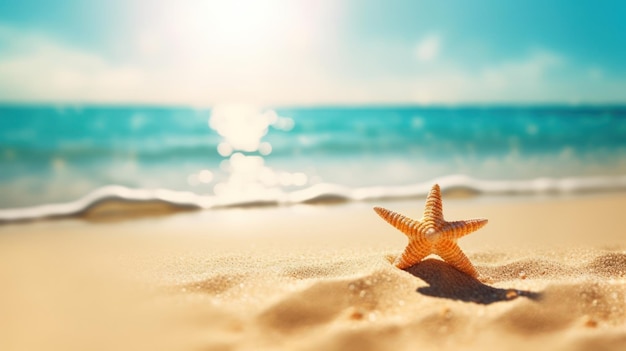 Tropical summer sand beach and bokeh sun light on sea background Generative AI