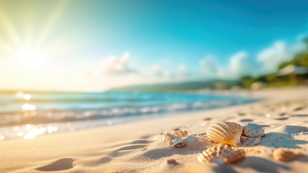 Tropical summer sand beach and bokeh sun light on sea background Generative AI