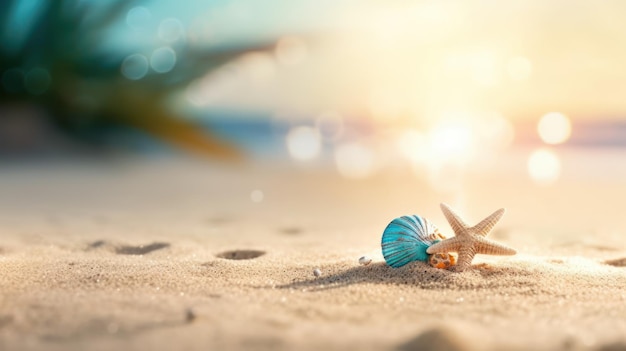 Tropical summer sand beach and bokeh sun light on sea background Generative AI