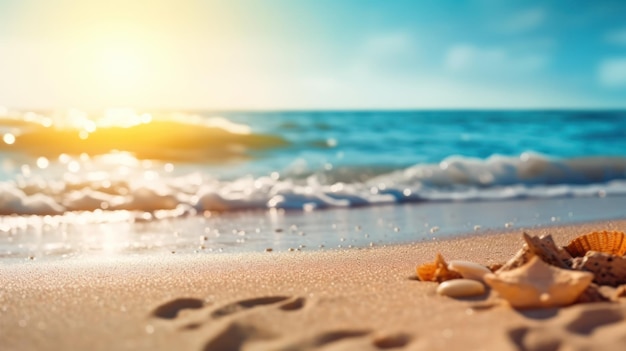 Tropical summer sand beach and bokeh sun light on sea background Generative AI