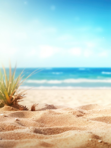 Tropical summer sand beach and bokeh sun light on sea background Generative AI