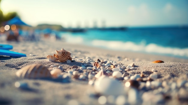 熱帯の夏の砂浜と海の背景にボケ味の太陽光 生成 AI