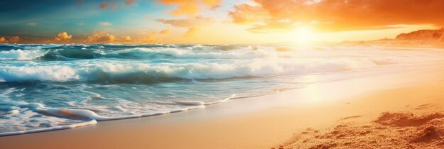 Tropical summer sand beach and bokeh sun light on sea background Generative AI