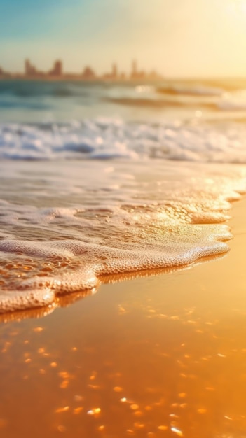 Tropical summer sand beach and bokeh sun light on sea background Generative AI