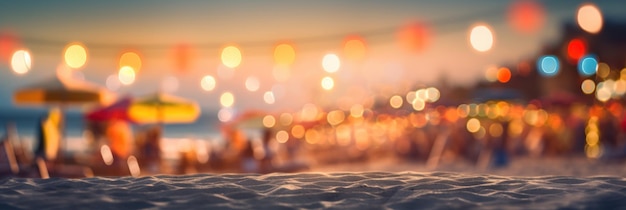 Tropical summer sand beach and bokeh sun light on sea background Generative AI