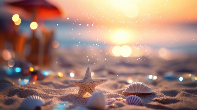Tropical summer sand beach and bokeh sun light on sea background Generative AI