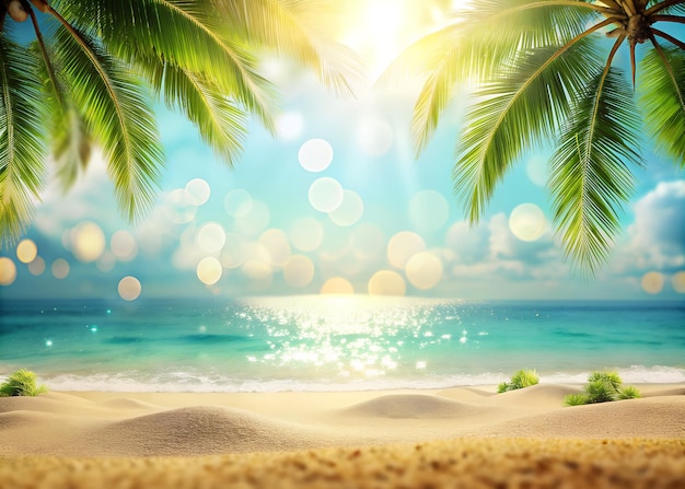 熱帯の夏の砂浜と海の背景のボケ太陽の光