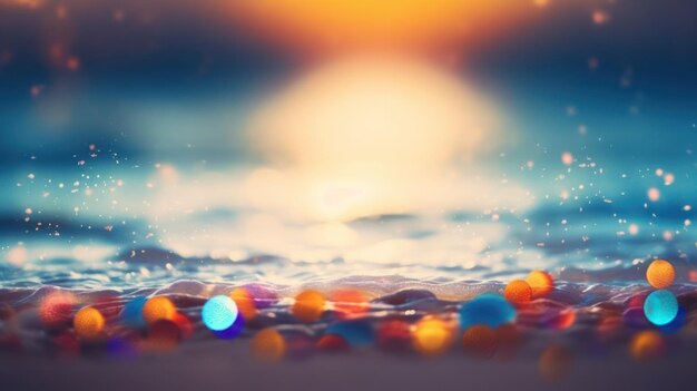 Tropical summer sand beach and bokeh sun light on sea background