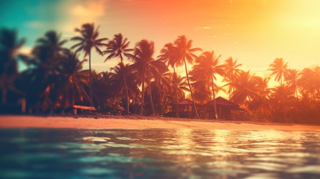 Tropical summer sand beach and bokeh sun light on sea background