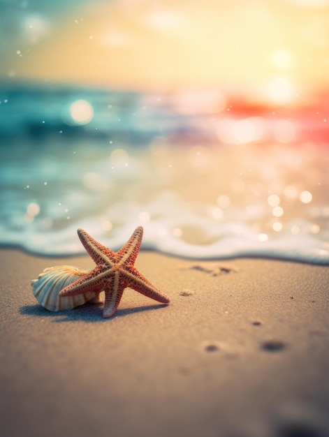 Tropical summer sand beach and bokeh sun light on sea background