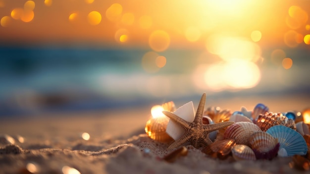 Tropical summer sand beach and bokeh sun light on sea background