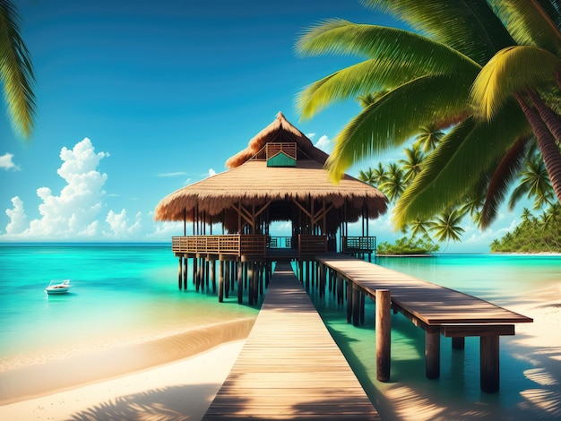 Tropical summer travel and vacation wooden pier to an island