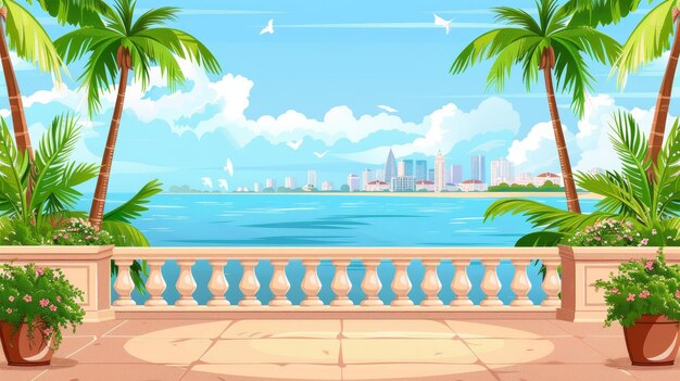 Foto paesaggio tropicale estivo tropicale con veranda in legno di una casa su una spiaggia con palme e vista sulla città su uno skyline illustrazione moderna di un bungalow tropicale o terrazza di cottage con scala e